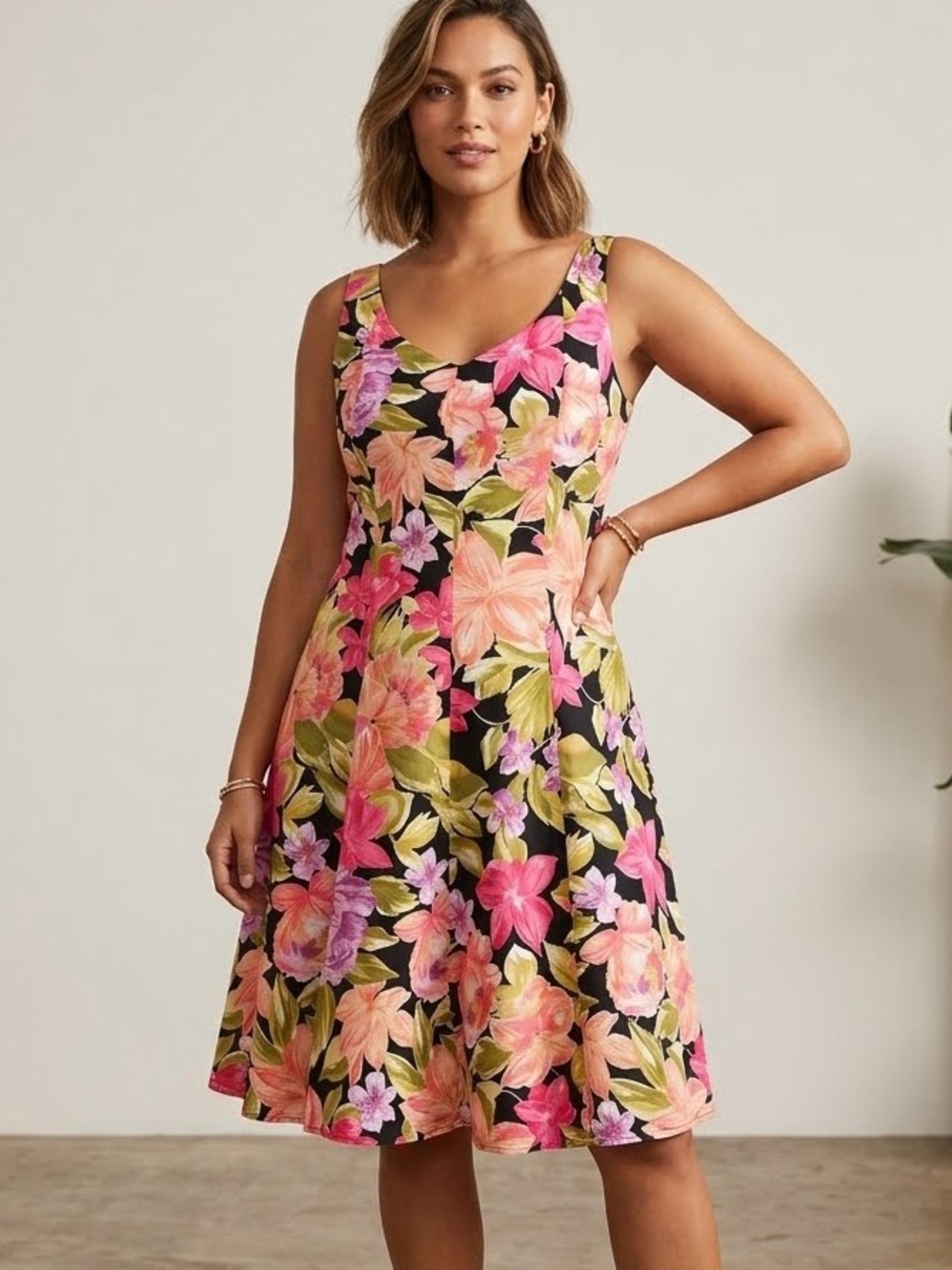 Vintage Floral Sleeveless A-Line Midi Dress Tropical Sundress Summer Wedding XL
